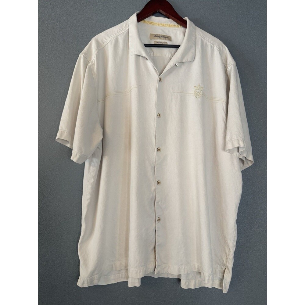Tommy Bahama 100% Silk Camp Shirt Mens 3XL Original Fit Ivory Pineapple Logo